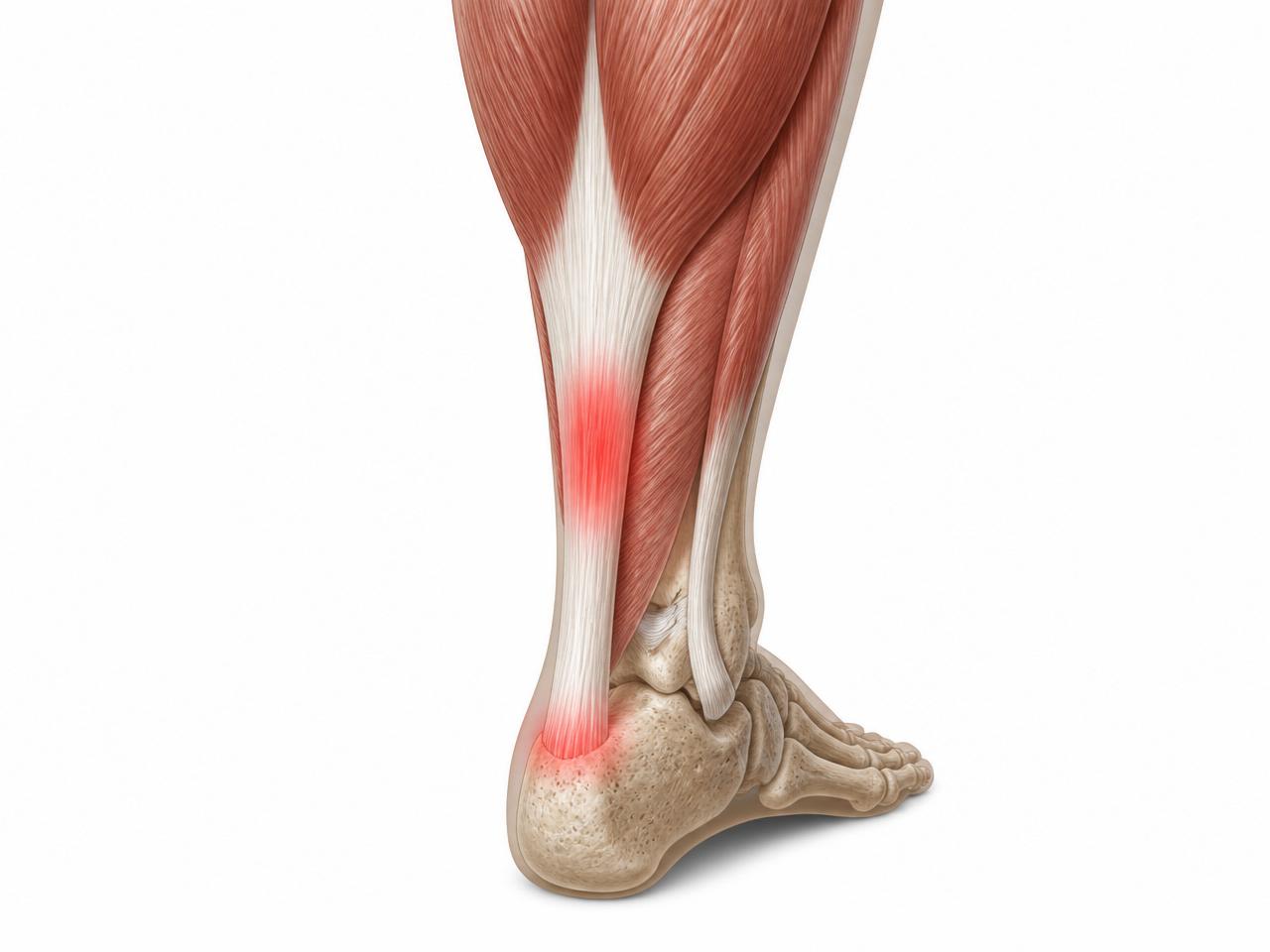 Anatomical illustration of the lower leg and ankle showing the Achilles tendon with highlighted inflammation at the mid-substance and heel insertion