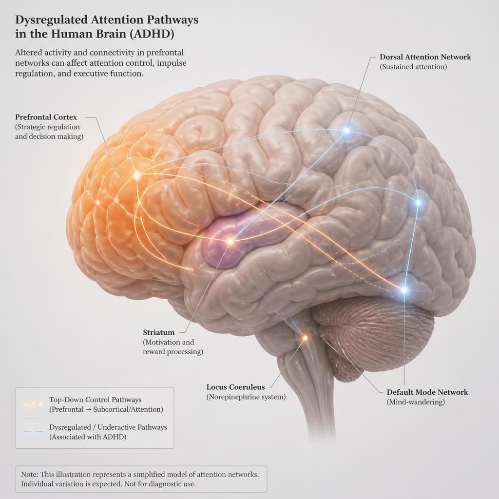 Anatomical illustration of the human brain with the prefrontal cortex highlighted, showing dysregulated attention pathways
