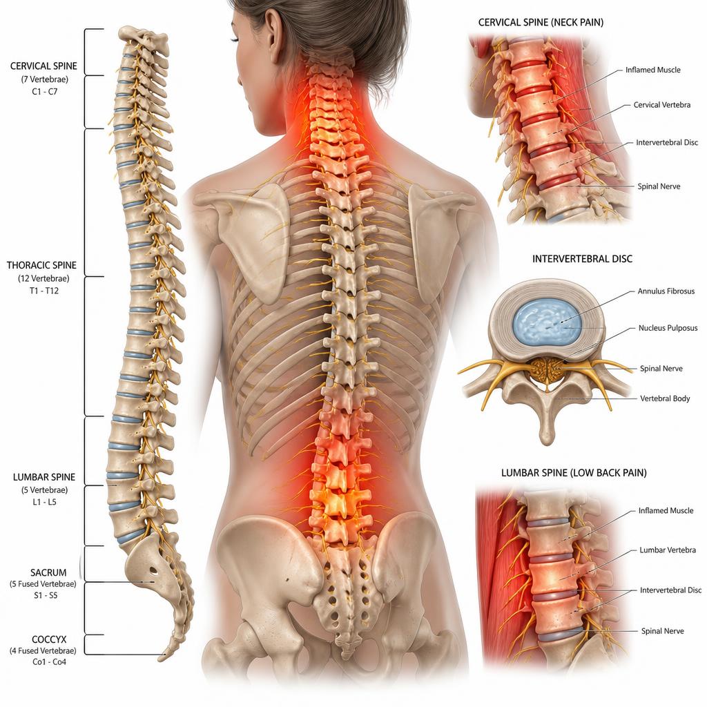 Anatomical illustration of the human spine showing the cervical, thoracic, and lumbar regions with highlighted inflammation at the neck and lower back