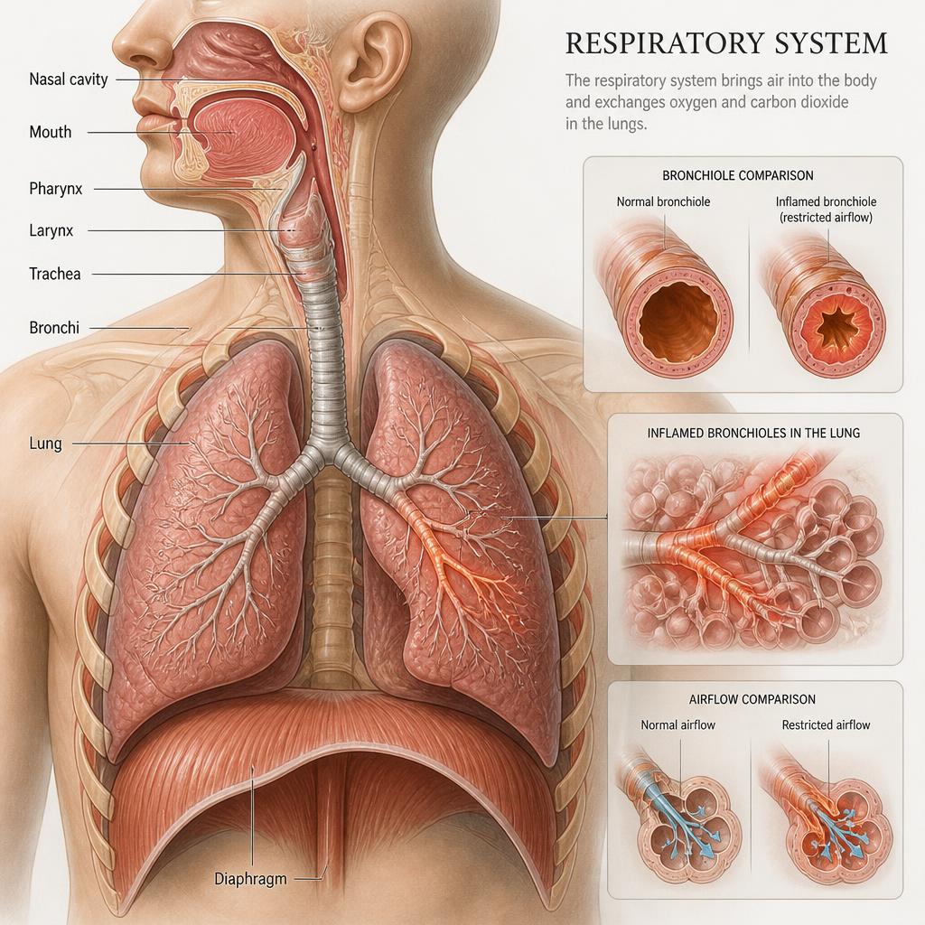 Anatomical illustration of the human respiratory system showing lungs, bronchi, and diaphragm with inflamed bronchioles indicating restricted airflow