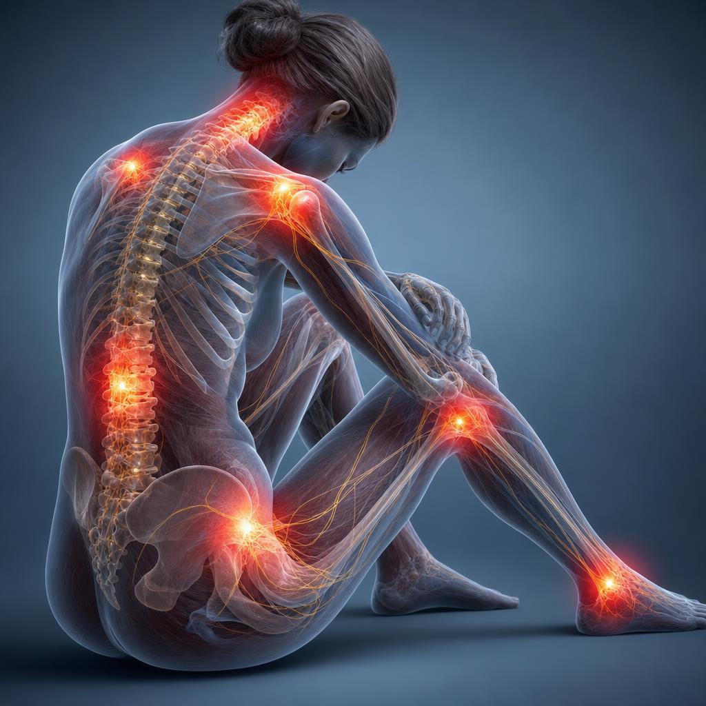 Anatomical illustration of chronic pain showing widespread pain points across the spine, neck, shoulders, hips, knees, and feet with highlighted nervous system pathways