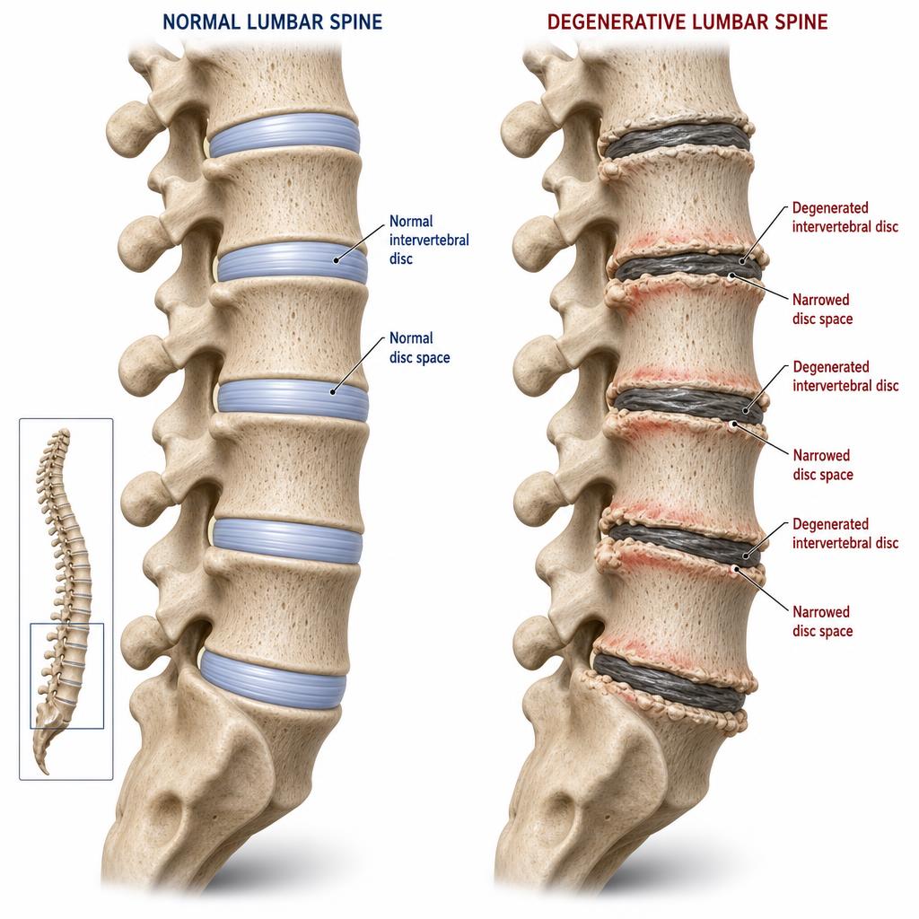 Anatomical illustration of degenerative disc disease in the lumbar spine showing dehydrated discs, narrowed disc spaces, and small osteophytes