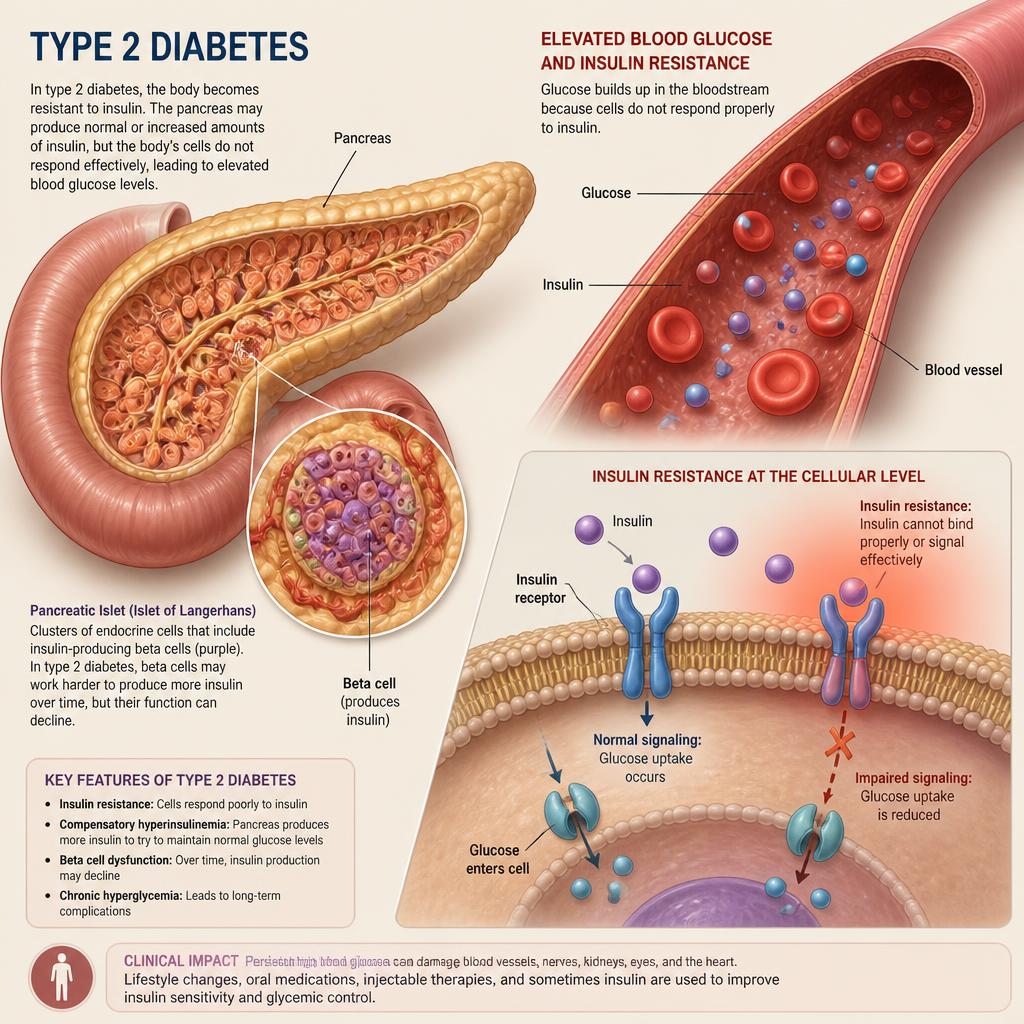 Medical illustration of Type 2 diabetes showing the pancreas, beta cells, glucose in the bloodstream, and insulin resistance at the cellular level