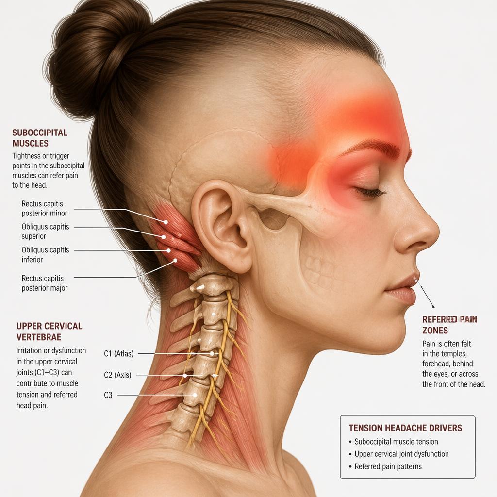 Anatomical illustration of a head and neck showing suboccipital muscles, upper cervical spine, and referred pain zones for tension headaches