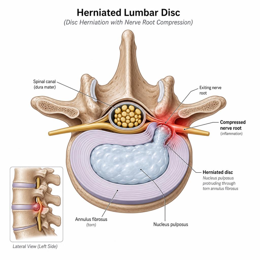 Anatomical cross-section of a lumbar vertebra showing a herniated disc with nucleus pulposus protruding through a torn annulus and compressing a spinal nerve root