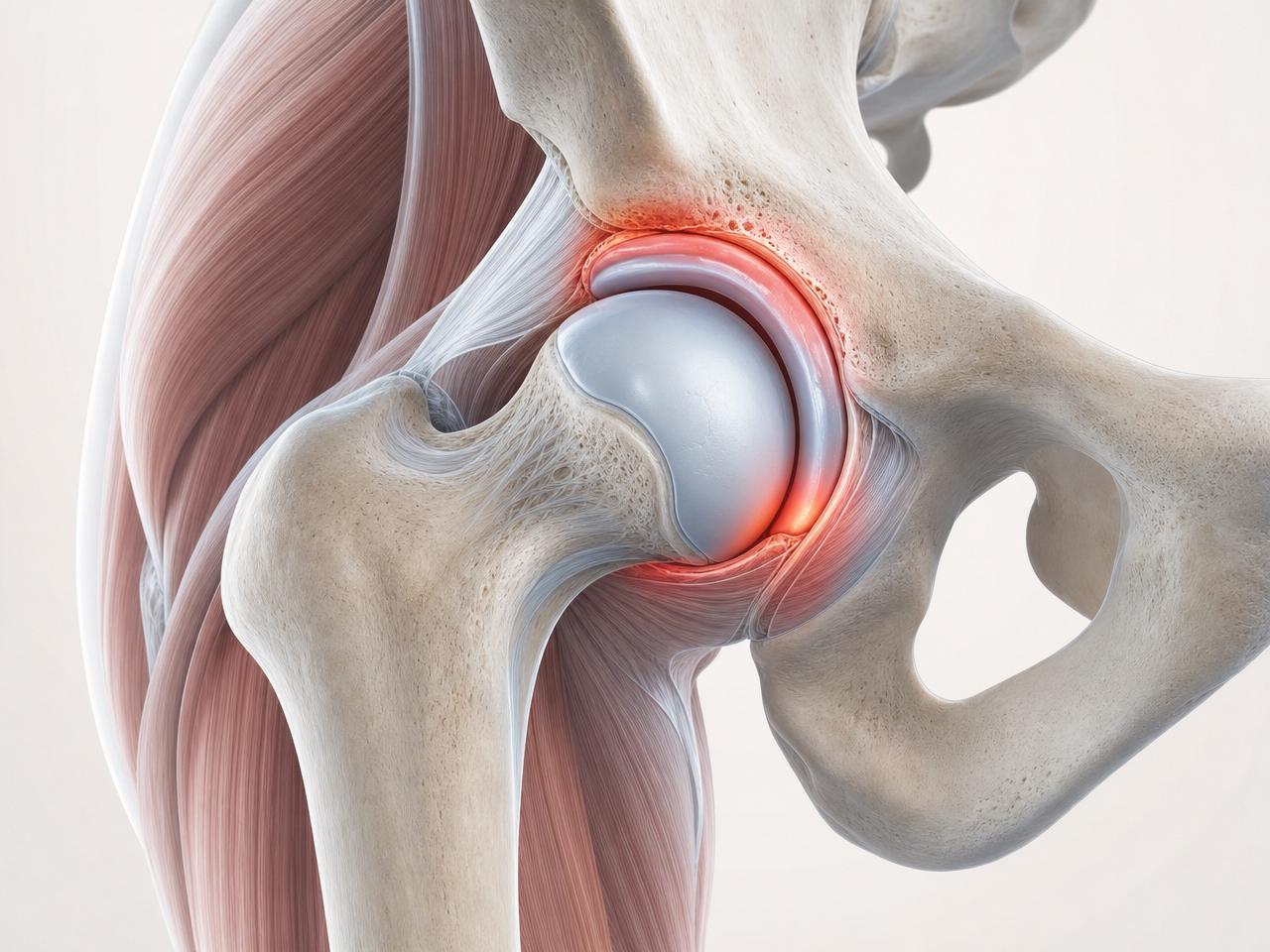 Anatomical illustration of the hip joint showing the femoral head, acetabulum, labrum, cartilage, and surrounding soft tissues with highlighted inflammation