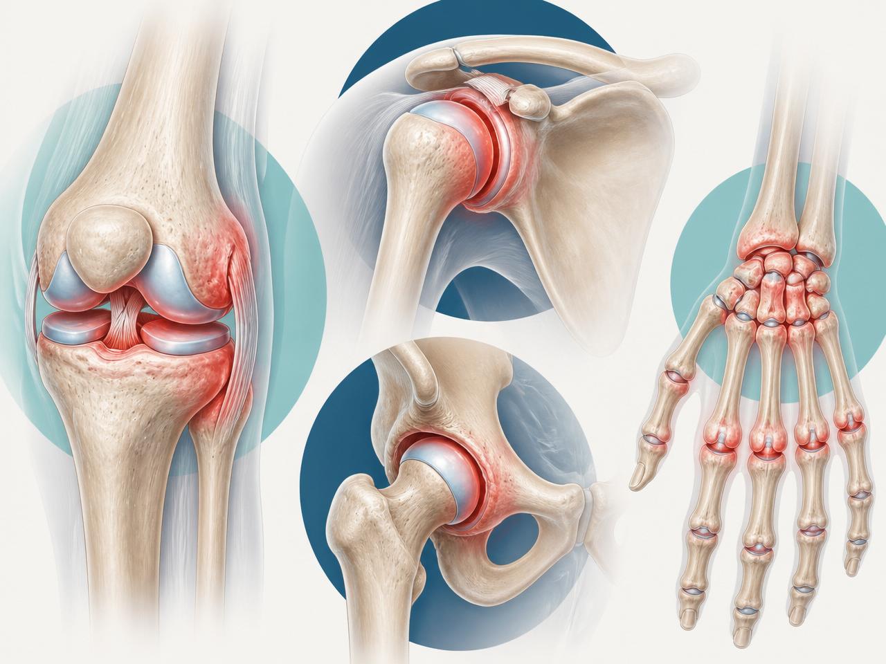 Medical illustration showing knee, shoulder, hip, and hand joints with highlighted areas of cartilage wear and inflammation
