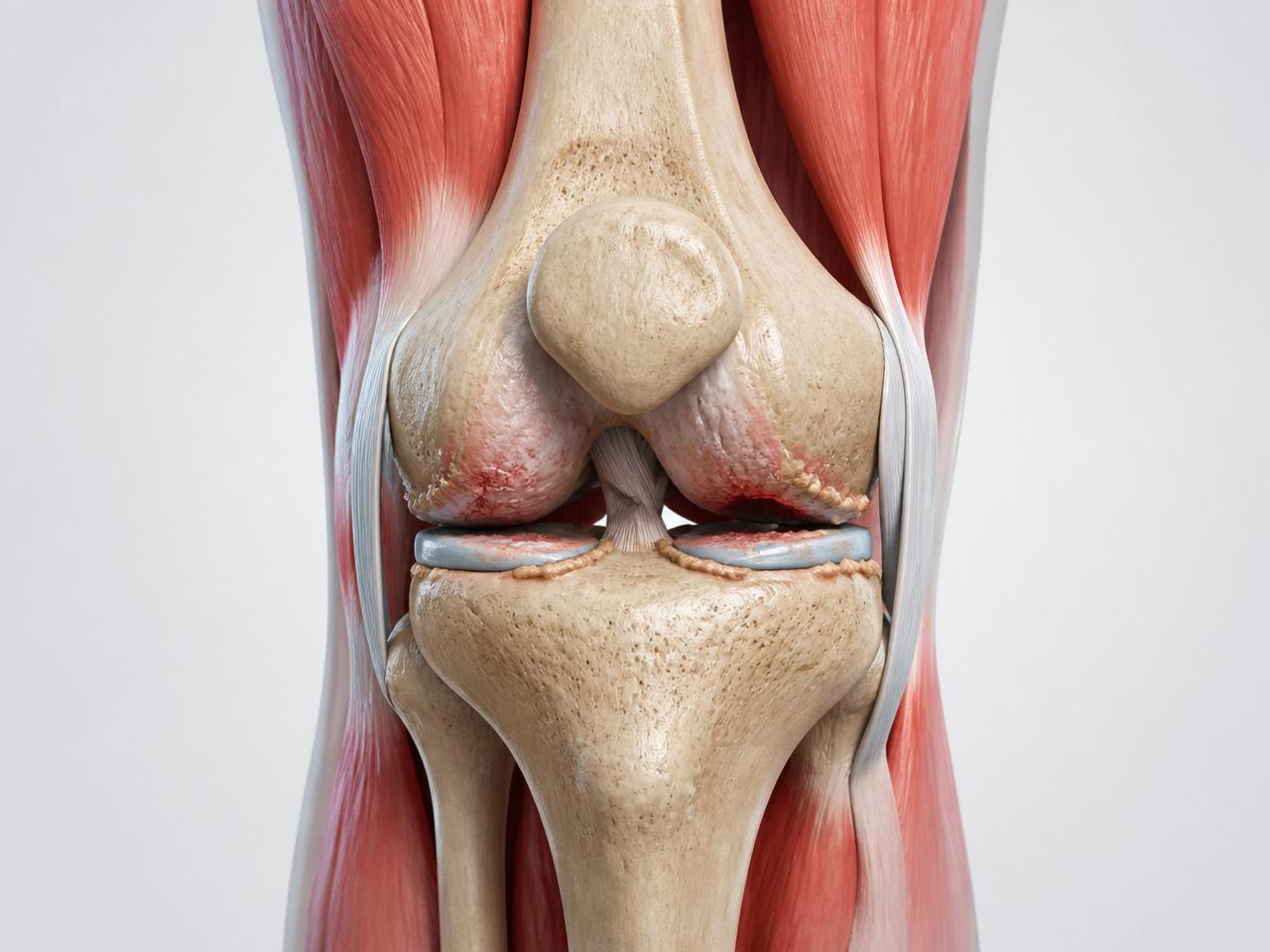 Anatomical illustration of the knee joint showing cartilage thinning, osteophytes, and inflammation associated with osteoarthritis