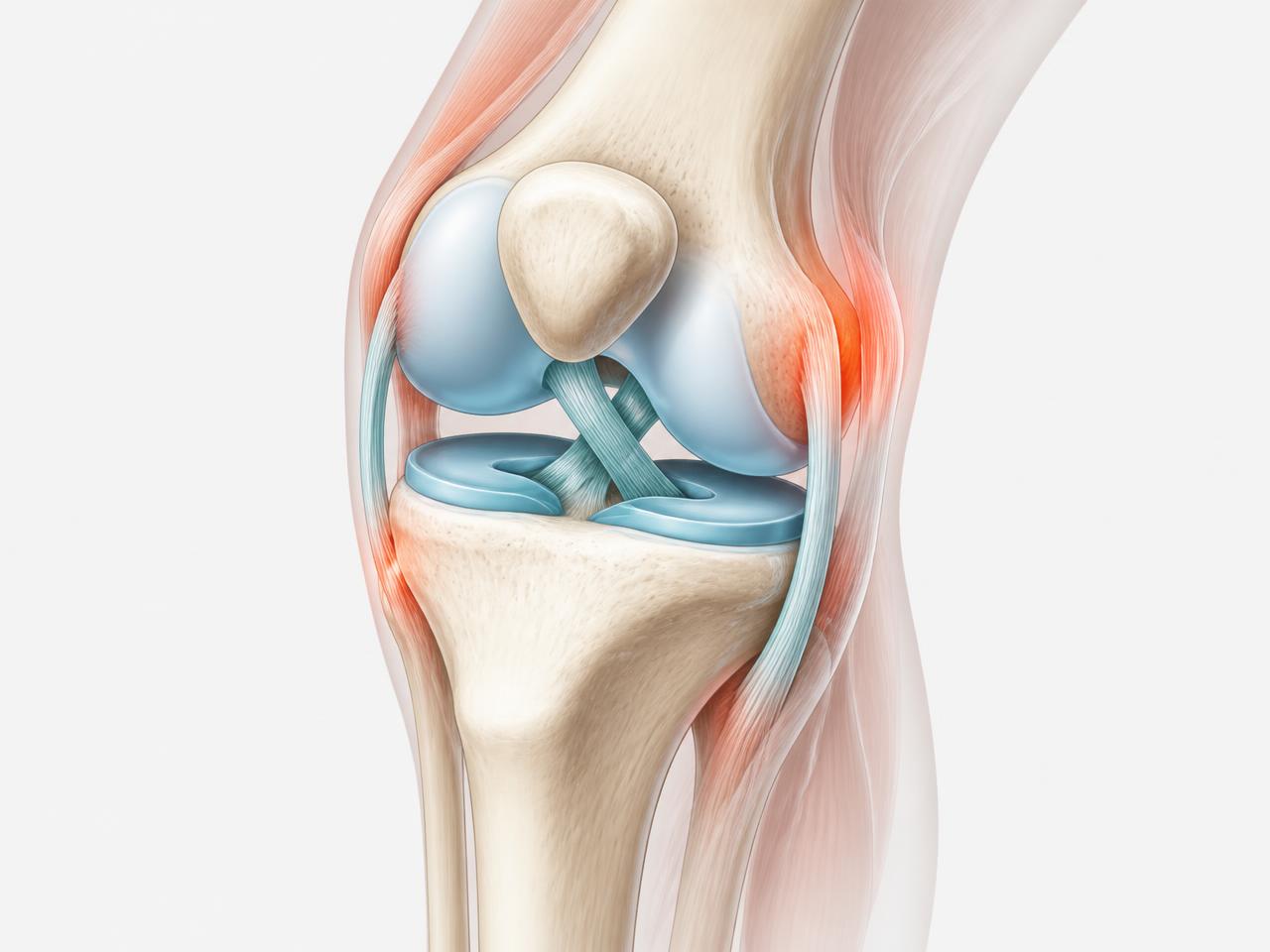 Anatomical illustration of the knee joint showing the femur, tibia, patella, meniscus, and ligaments with highlighted areas of inflammation