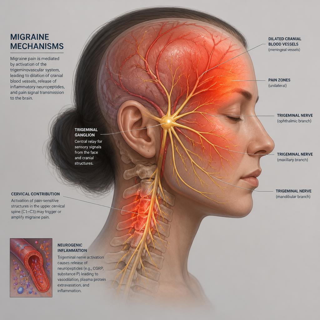 Anatomical illustration of migraine mechanisms showing the trigeminal nerve pathway, dilated cranial vessels, and unilateral pain zones