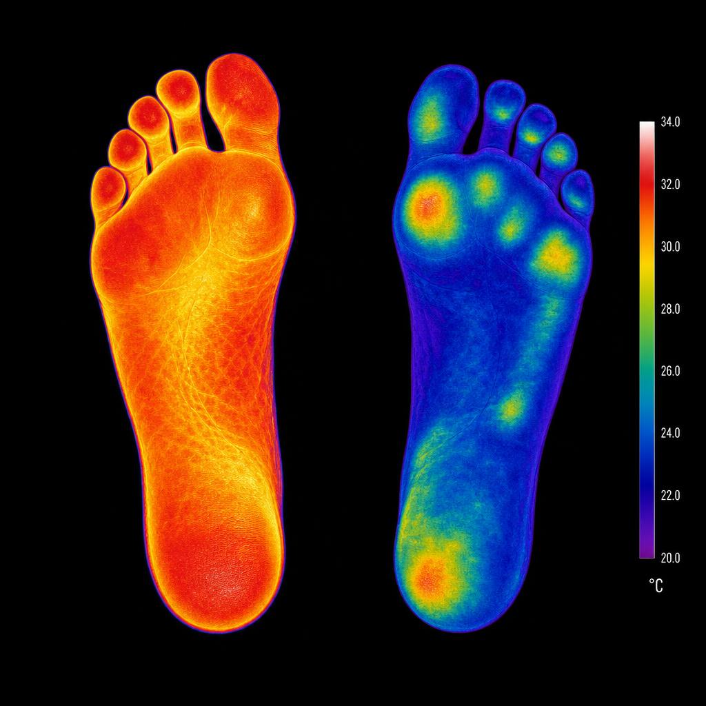 Thermal imaging comparison of a healthy foot versus a neuropathy foot showing reduced circulation and nerve dysfunction