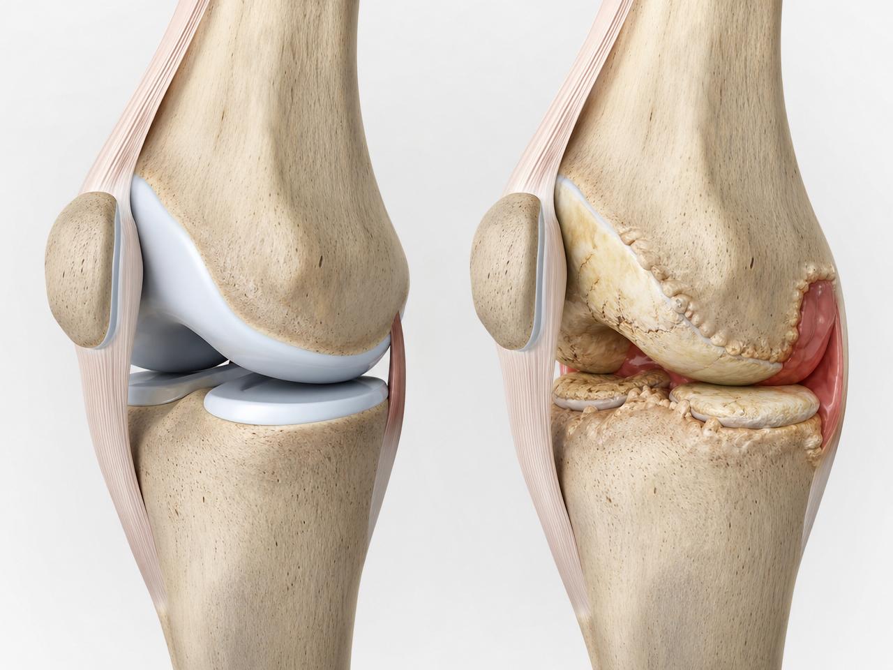 Anatomical comparison of a healthy knee joint and one with osteoarthritis, showing cartilage thinning, bone spurs, and joint-space narrowing