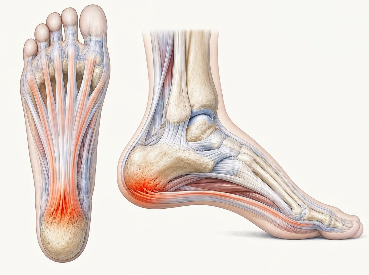 Anatomical illustration of the foot showing the plantar fascia band, heel bone, and arch with highlighted inflammation at the heel insertion