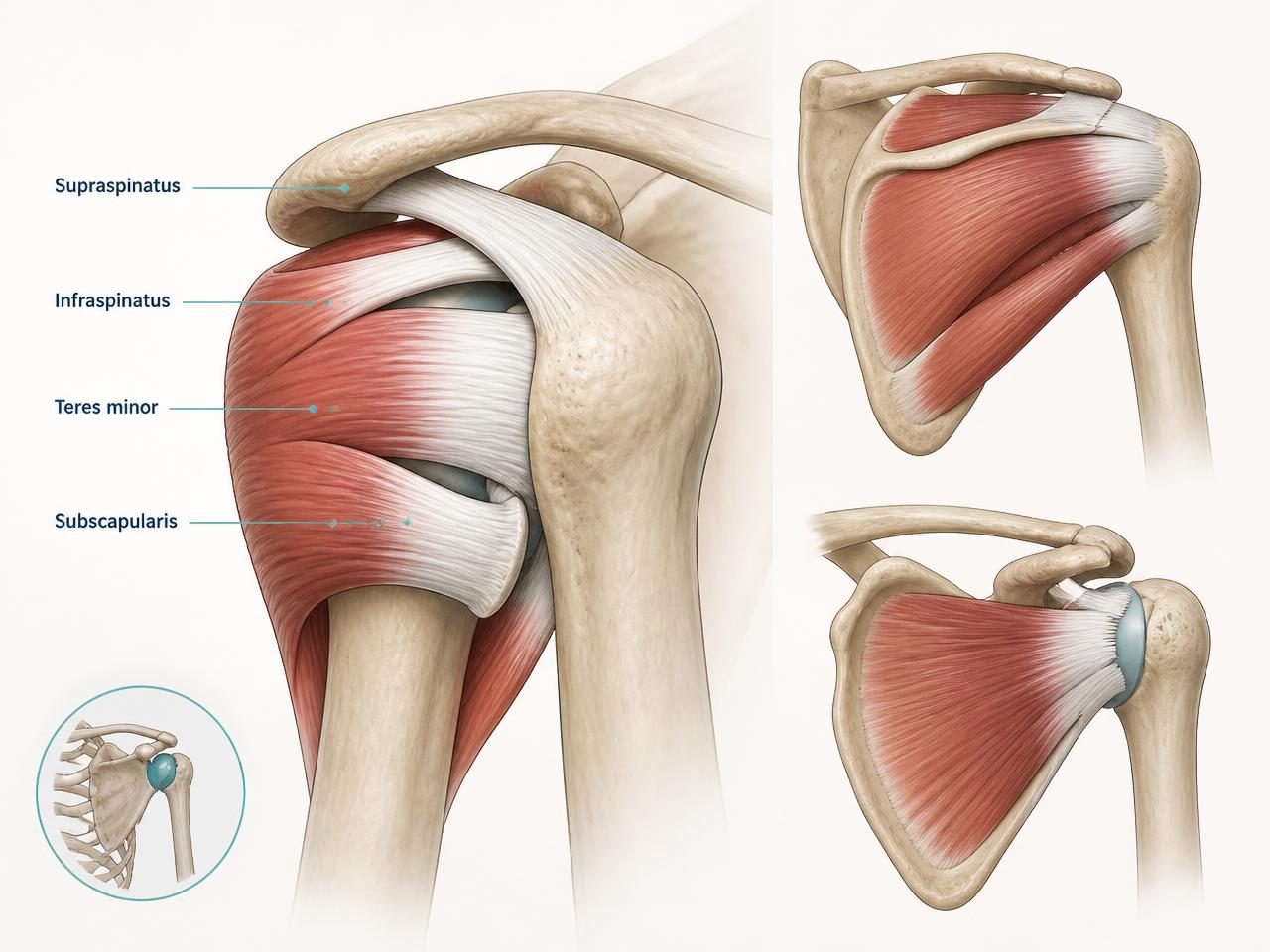 Anatomical illustration of the rotator cuff — supraspinatus, infraspinatus, teres minor, and subscapularis tendons around the shoulder joint