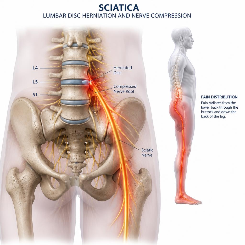Anatomical illustration of lumbar disc herniation compressing the sciatic nerve root, showing pain radiating down the leg