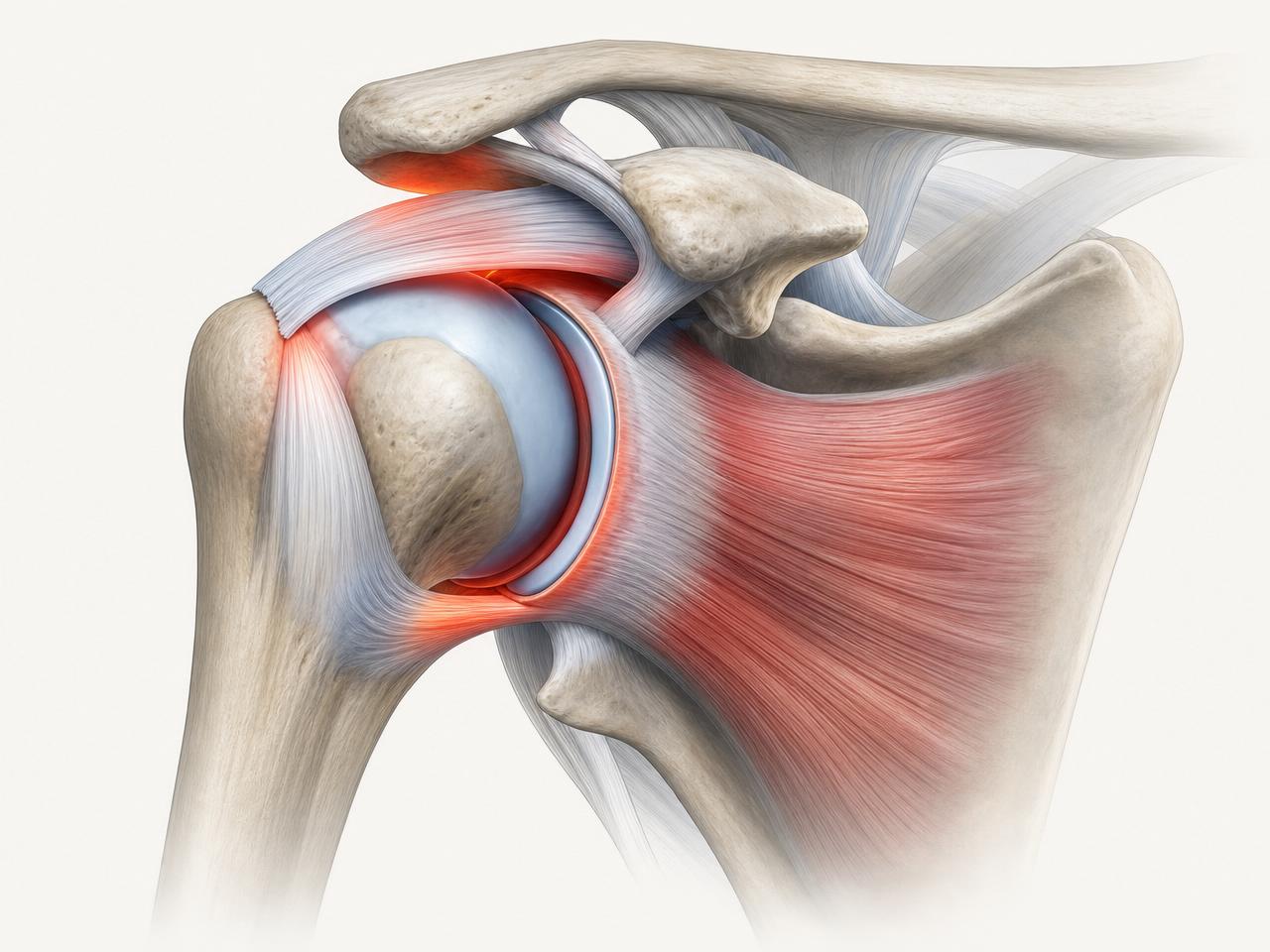 Anatomical illustration of the shoulder joint showing the humerus, rotator cuff tendons, labrum, and surrounding soft tissues with highlighted inflammation