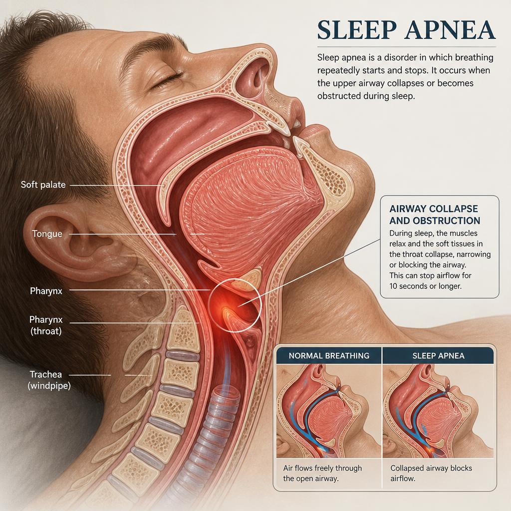Sagittal cross-section of the upper airway showing tongue, soft palate, and pharynx with a highlighted area of airway collapse during sleep apnea