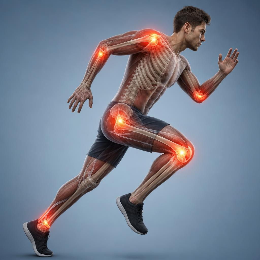 Anatomical illustration of a running athlete showing common sports injury sites at the knee, shoulder, hip, elbow, and ankle with highlighted inflammation