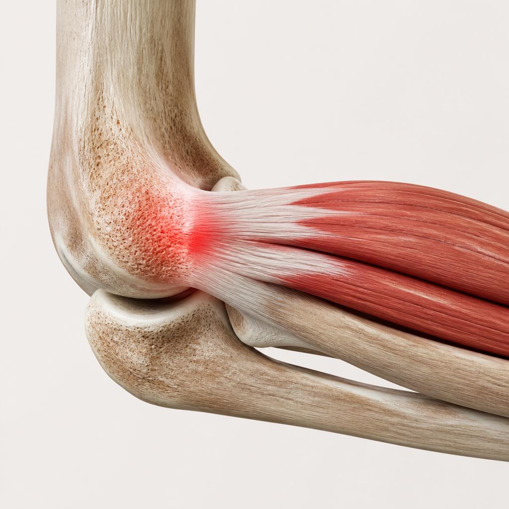 Anatomical illustration of the elbow showing the lateral epicondyle and common extensor tendon with highlighted inflammation