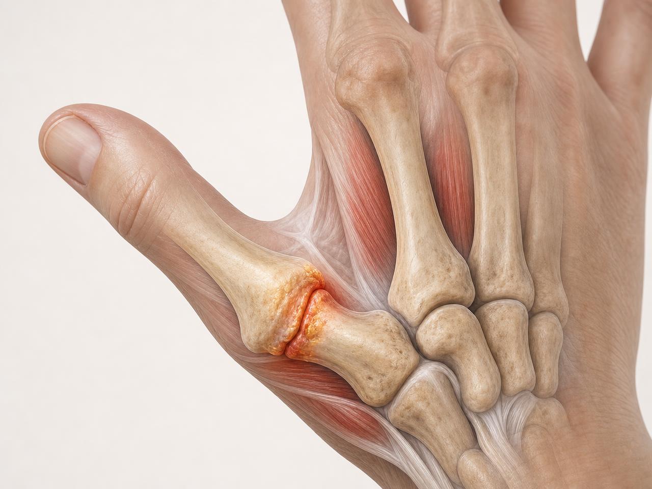 Anatomical illustration of the hand showing the thumb CMC basal joint with highlighted inflammation and cartilage degeneration at the base of the thumb
