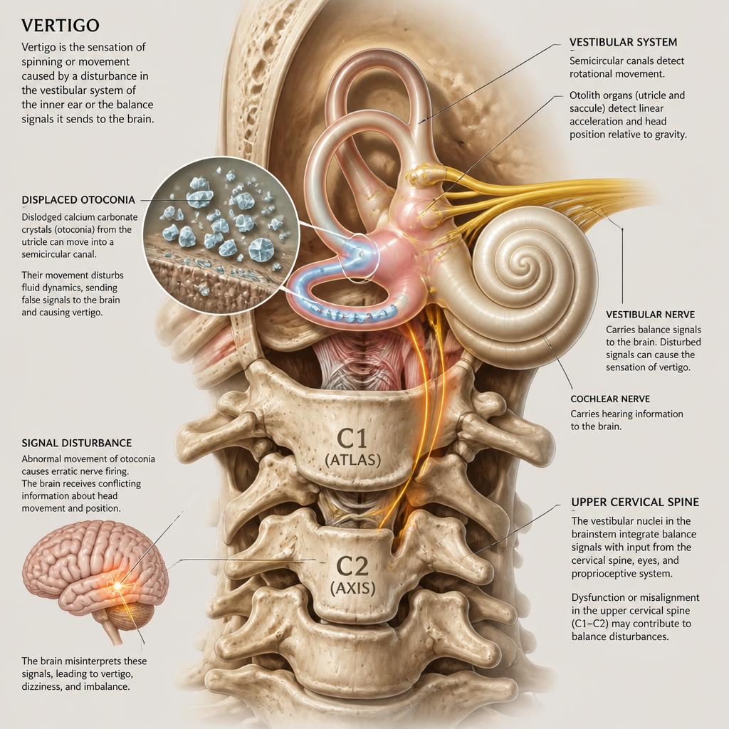 Anatomical illustration of the inner ear vestibular system and upper cervical spine showing displaced otoconia and balance signal disturbance