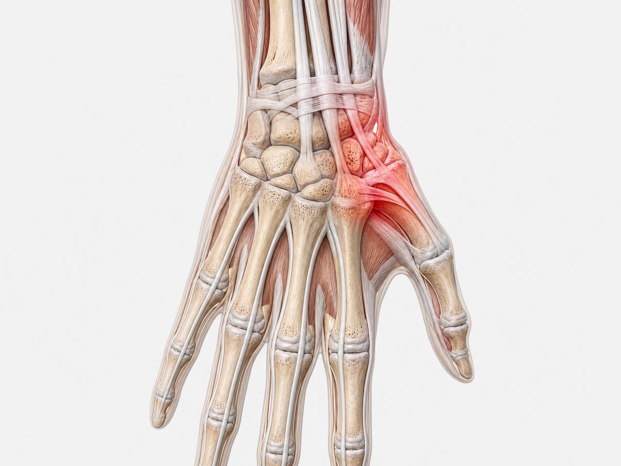 Anatomical illustration of the wrist and hand showing the carpal bones, tendons, and ligaments with highlighted inflammation around the wrist joint and base of the thumb